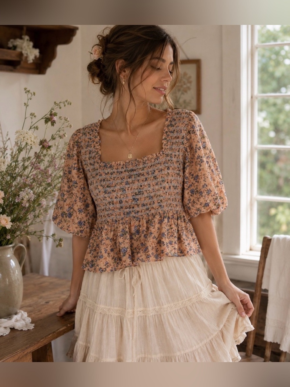 Free The Roses ‘Floral Smocked Detail Top’